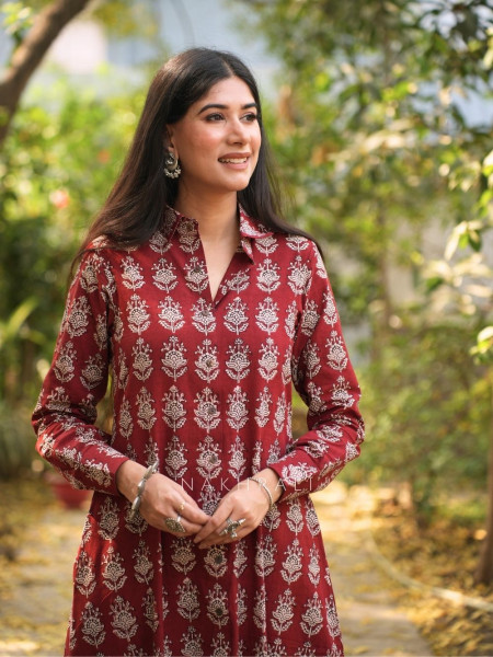 Rihana Maroon Cotton Block Printed Button-Down Dress