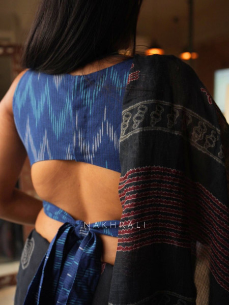 Assorted Blue Ikat Woven Sleeveless Blouse with Tie-Up Back Detail