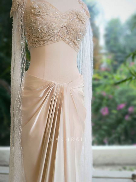 Zaria Ivory Draped Dhoti Skirt Set with Cape Blouse