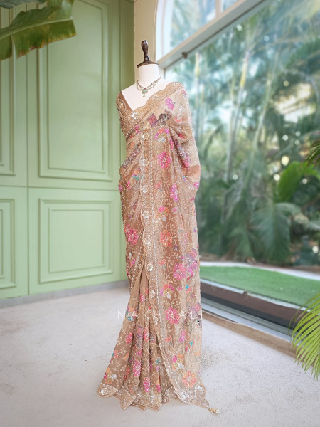 Noor-e-Afsanah Brown Organza Saree with Royal Elephant Motifs
