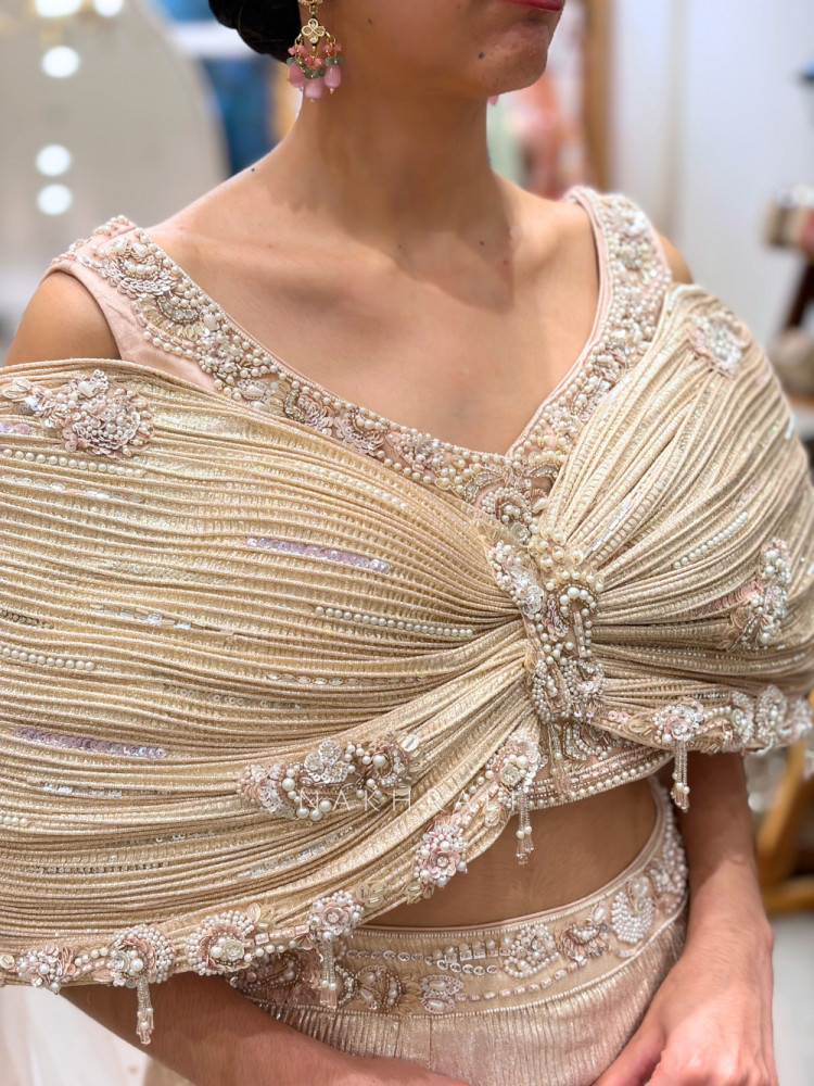 Image of Aurelia Metallic Fishtail Skirt Set with Architectural Pearl-Knot Cape