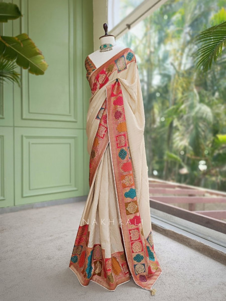 Ranjani Beige Saree with Multicolor Woven Border