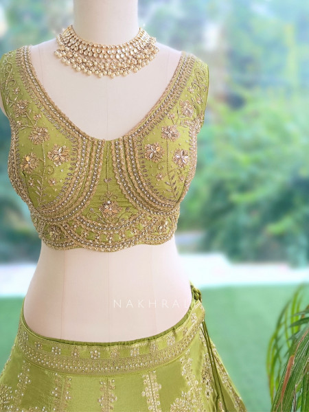 Pank Parrot Green Banarasi Silk Lehenga Set With Sequin Floral & Paisley Work