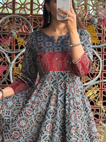 Noor Rust Indigo Printed Anarkali Dress with Border Detail