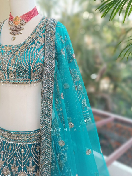 Gulnaar Firozi Lehenga Set with Mirror, Beads and Heavy Embroidery