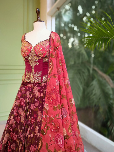 Crimson Bloom Georgette Corset Lehenga with Sequin Embroidery