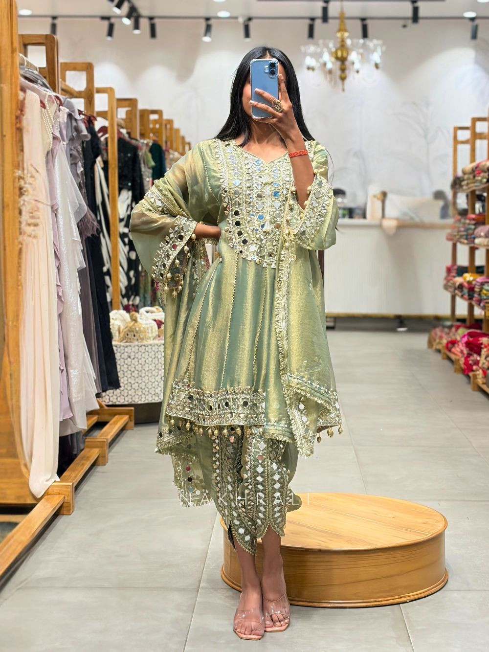 Amaya Green Dhoti Kurta Set with Mirror and Gota Patti Work Amaya Green Dhoti Kurta Set with Mirror and Gota Patti Work
