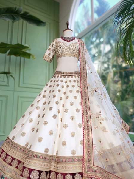 Veda Cream Raw Silk Bridal Lehenga
