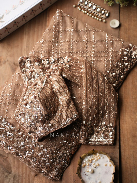 Suhana Brown Handworked Net Saree with Readymade Blouse