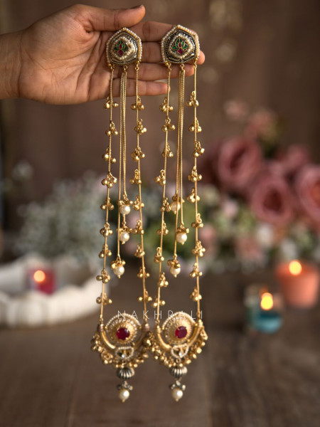 Zeenat Red Kashmiri Long Drop Earrings