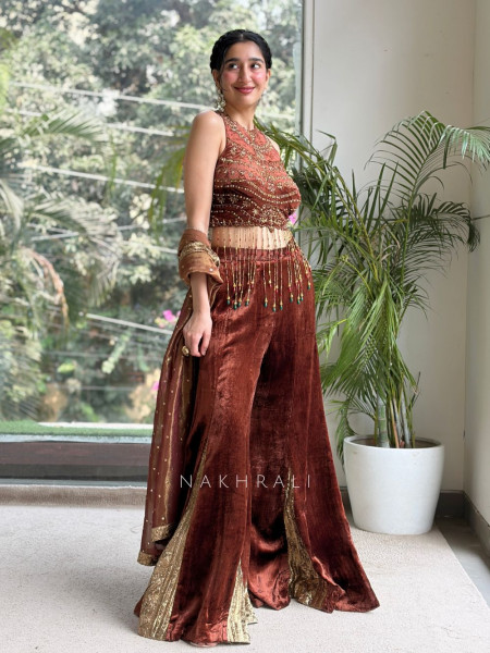 Nazneen Brown Velvet Indo-Western Crop Top Palazzo