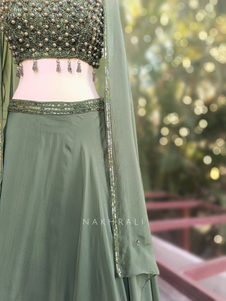 Sage Green Indo Western Lehenga with Pearl Embellished Blouse