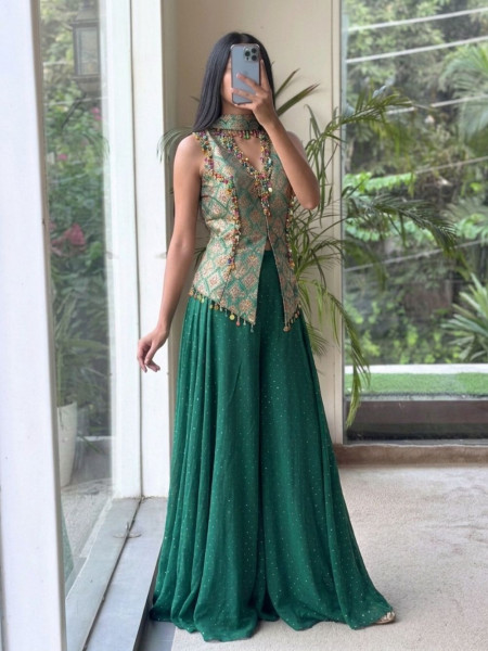 Jashn-e-Malhar  Green Brocade Silk Indo-Western Palazzo Set