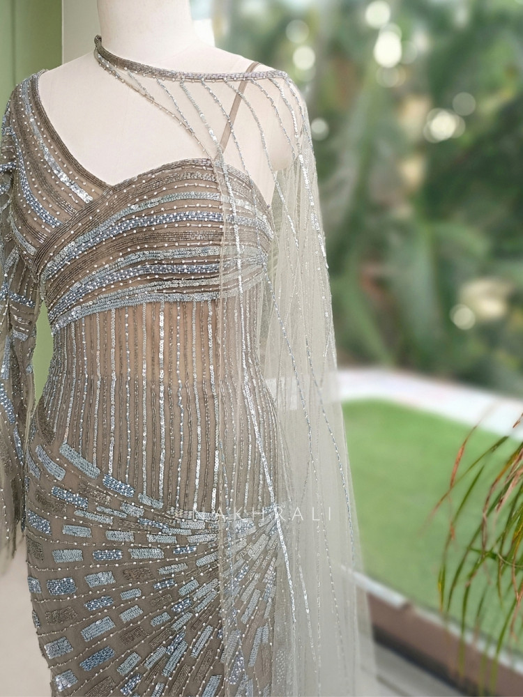 Image of Cove Grey Illusion Net &amp; Satin Gown