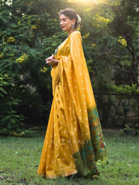 Mayur Mehendi Green Chanderi Saree with Floral Ikat Print