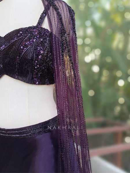 Roshira Wine Indo-Western Lehenga Set with Cut Dana and Sequin Work