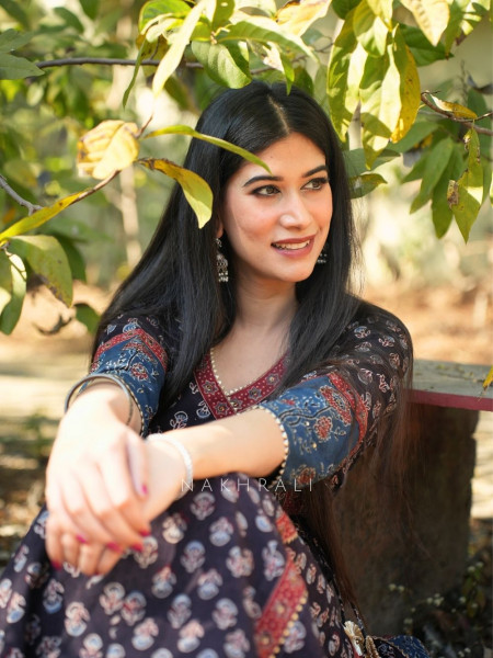 Umrao Black Angrakha Cotton Kurta