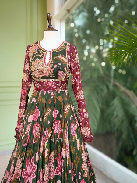 Amara Green Floral Anarkali with Embroidered Dupatta