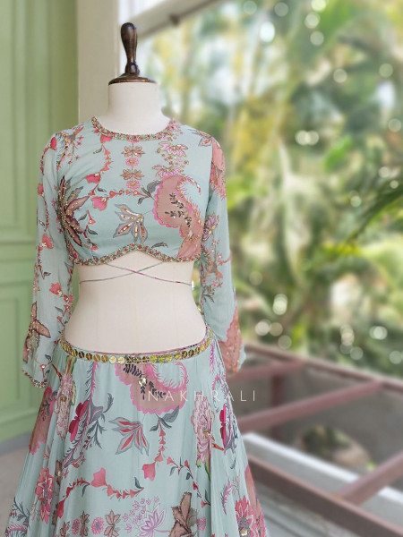Pushpanchal Sky Blue Lehenga Set with Floral Print and Sequin Work