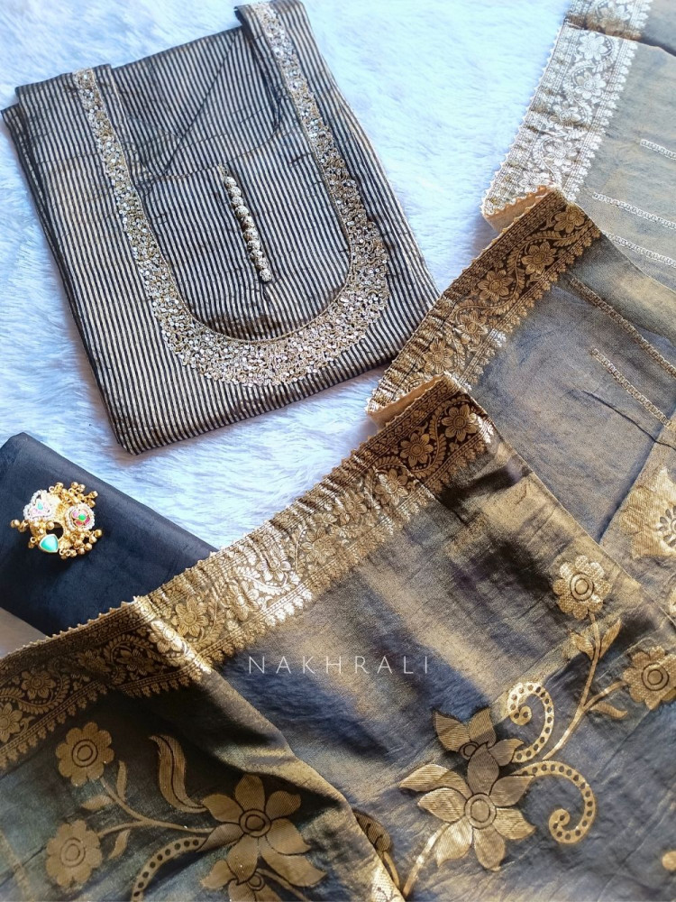 Image of Noorline Glow Black Semi-stitched Dress Material with Sequin and Cut Dana Work