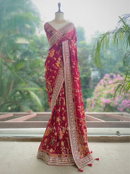 Rivayat-e-Aroos Maroon Saree With Heritage Motif Border Work