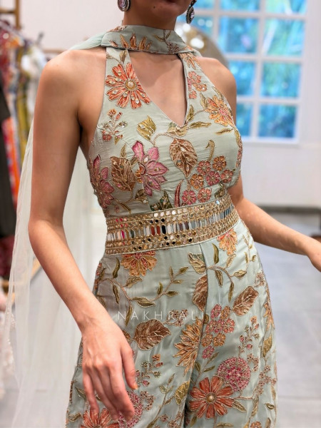 Kiara Pista Green Jumpsuit with Floral Zari Work