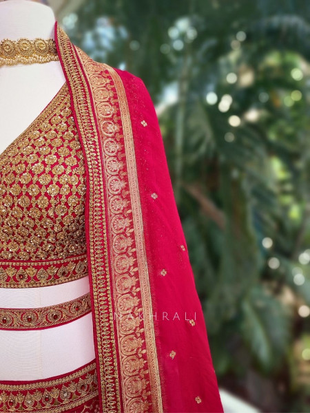 Veerangana Red Silk Bridal Lehenga with Zari Weave