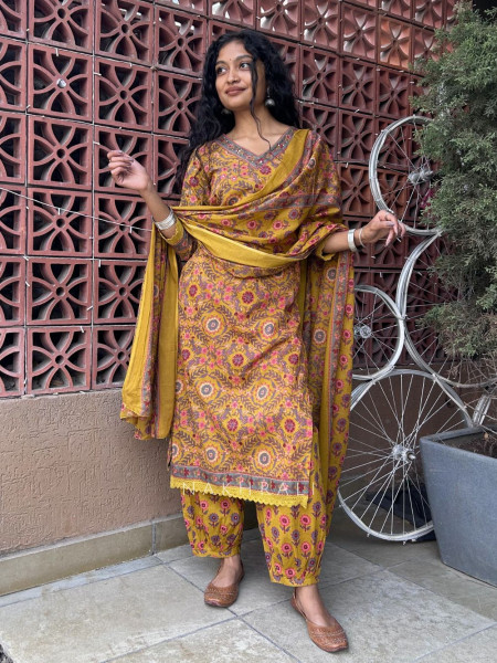 Kritika Mustard Cotton Suit Set with Floral Print