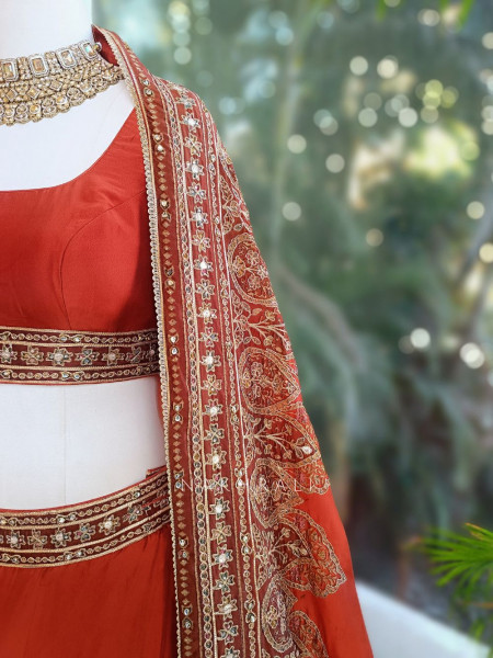 Vrishti Brick Lehenga Set with Peacock and Sequin Embroidery