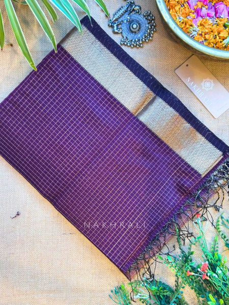Vasundhara Dark Purple Maheshwari Zari Check Saree with Running Blouse Piece