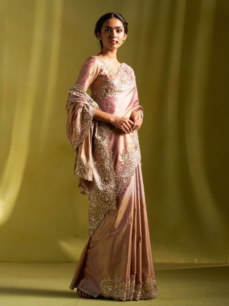 Blush Pink Tissue Dola Silk Saree with Zardozi Border Work