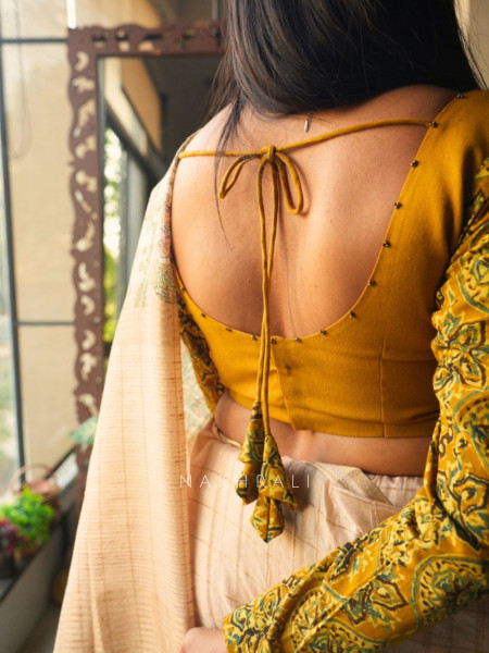 Taal Rang Mustard Cotton Blouse with Beaded Neckline