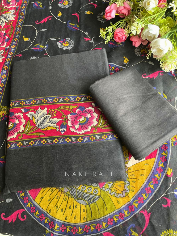 Image of Cylora Black Cotton Dress Material with Floral Border Print