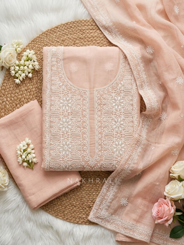 Image of Solenne Peach Floral Embroidered Dress Material with Threadwork Dupatta