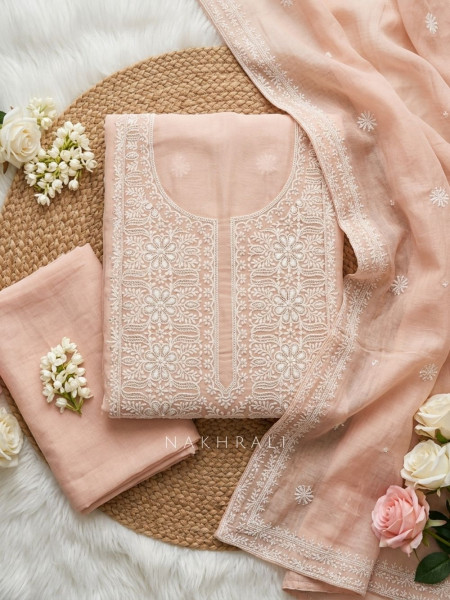Solenne Peach Floral Embroidered Dress Material with Threadwork Dupatta