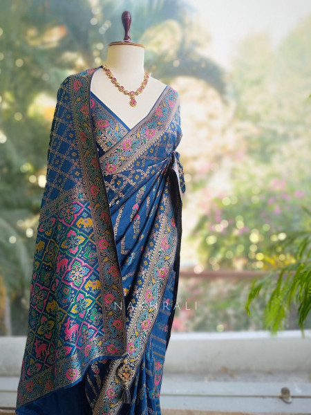 Solvara Blue Bandhani Saree with Traditional Border