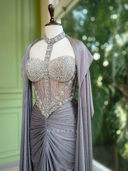 Serene Silver Corset Skirt Set with Stone Embellished Work