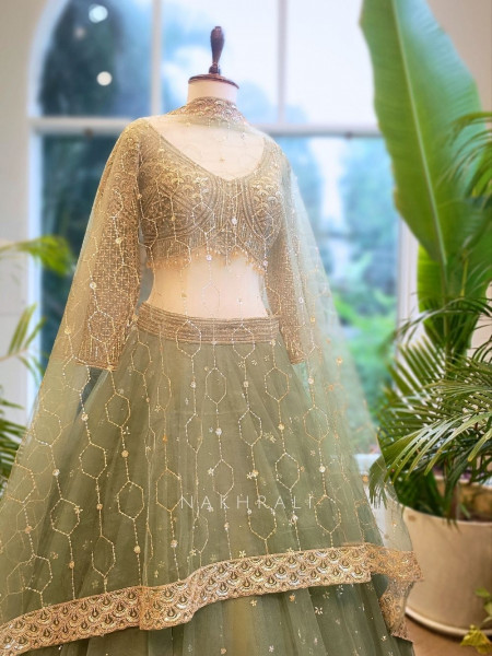 Lustre Enchant Sage Green Net Lehenga with Heavy Embroidered Blouse