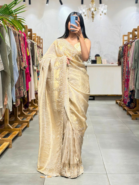 Soraya Golden Saree with Cut Dana Sequin Work
