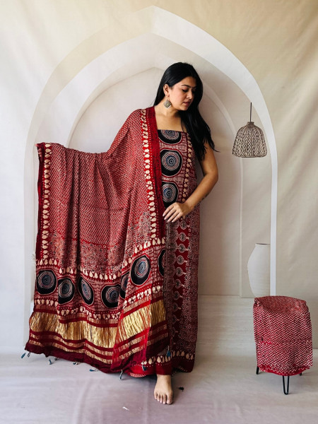 Naiyara Red Printed Modal Silk Dress Material