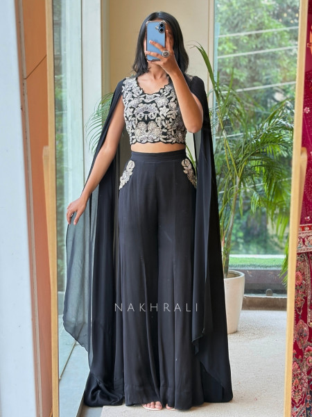 Rashaara Black Georgette/Fine Crepe – Indo-Western Crop Top Palazzo Set