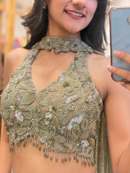 Avelyn Grey Crop Top Palazzo Set with Sequin & Cut Dana Work