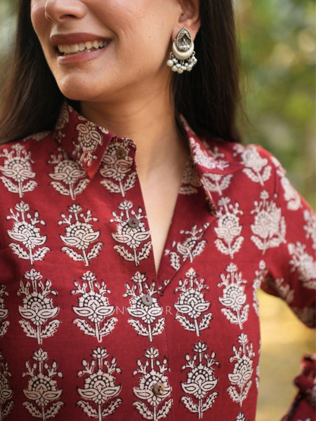 Rihana Maroon Cotton Block Printed Button-Down Dress