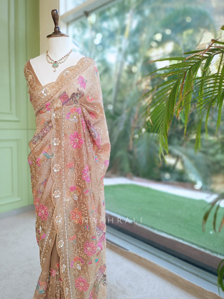 Noor-e-Afsanah Brown Organza Saree with Royal Elephant Motifs
