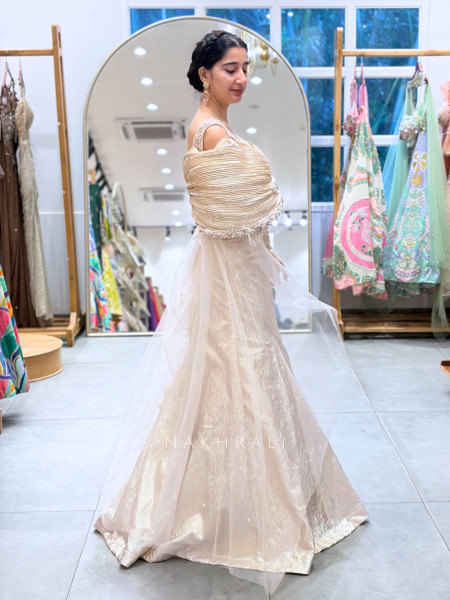 Aurelia Metallic Fishtail Skirt Set with Architectural Pearl-Knot Cape