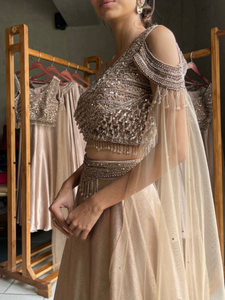 Aurelia Rose-Gold Liquid Silk Fusion Lehenga Set