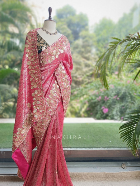 Symphony Magenta Saree with Zardozi Floral Embroidery