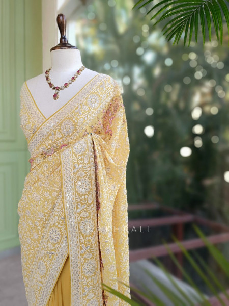 Ecru Yellow Embroidered Elegance Saree with Sequin Detailing