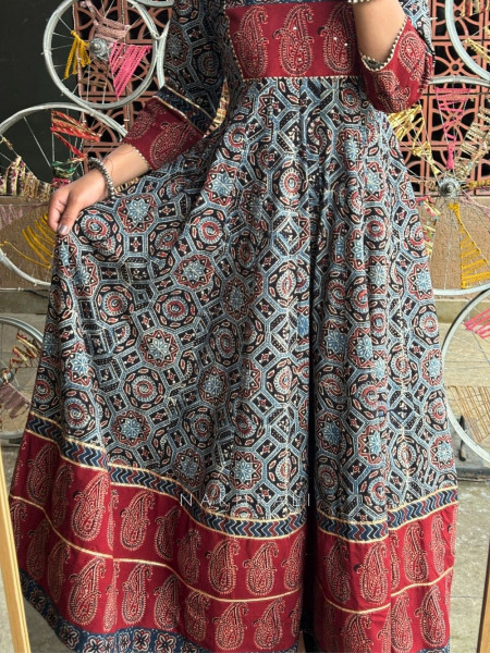 Noor Rust Indigo Printed Anarkali Dress with Border Detail