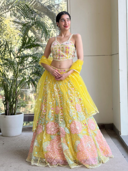 Evara Yellow Sequin & Bead Embellished Lehenga Set